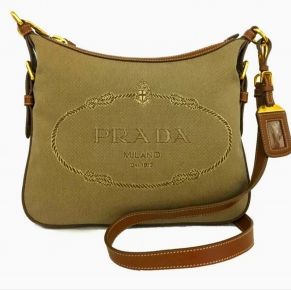 PRADA JACQUARD LOGO CANVAS BEIGE LEATHER SHOULDER BAG/R3364 - Picture 15 of 15